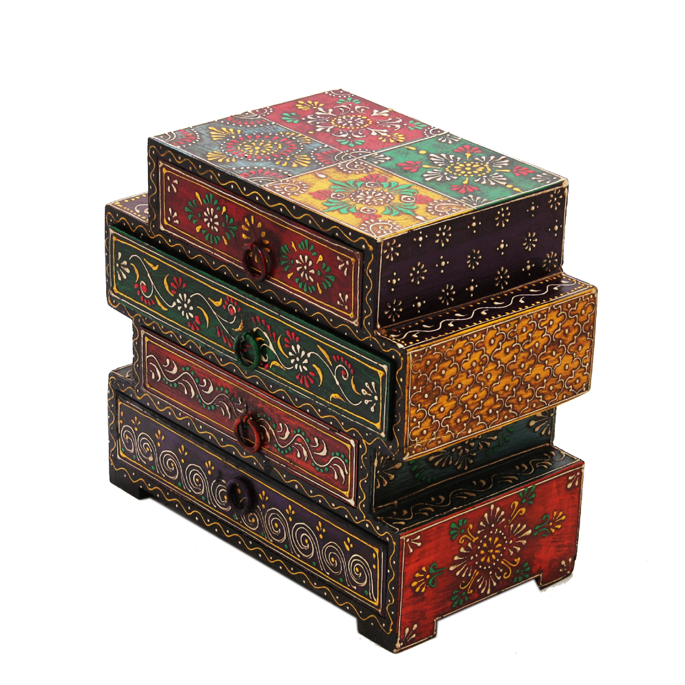 Rajasthani Meenakari Handcrafted Wooden Jewellery box with 5 Drawers | Antique look Jewellery Box - Image 4