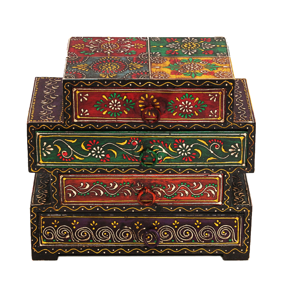 Rajasthani Meenakari Handcrafted Wooden Jewellery box with 5 Drawers | Antique look Jewellery Box - Image 2