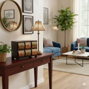 Beautiful handcrafted wooden chest with six copper and brass embossed drawers