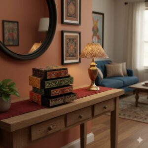 Beautiful handcrafted wooden chest with 4 copper and brass