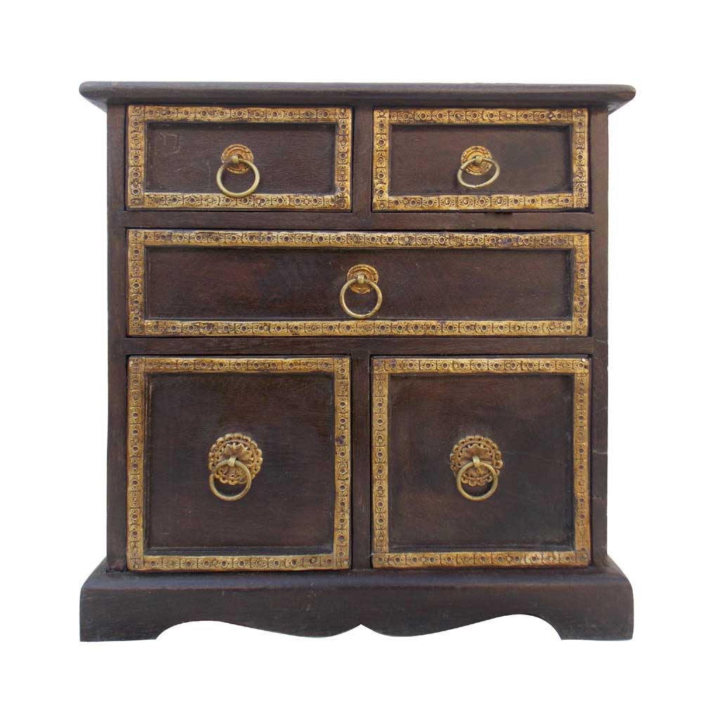 Handcrafted Wooden Chest with Brass Embossed | 5-Drawer Antique Jewellery & Storage Box - Image 4