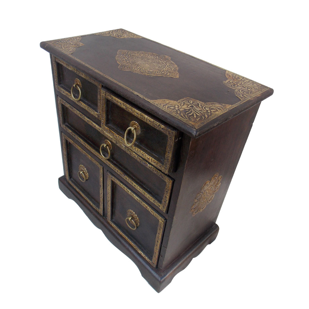 Handcrafted Wooden Chest with Brass Embossed | 5-Drawer Antique Jewellery & Storage Box - Image 3