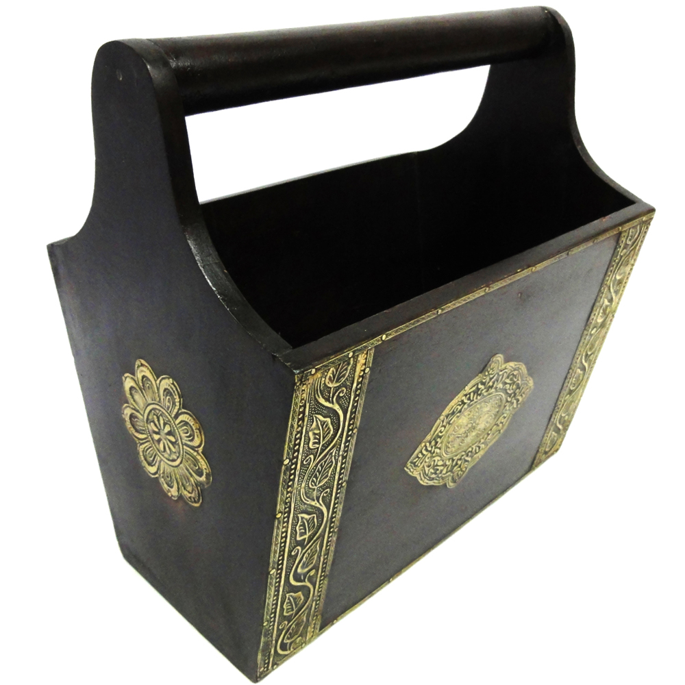 Wooden Handcrafted Magazine Holder with Brass Work Antique Finish - Image 3