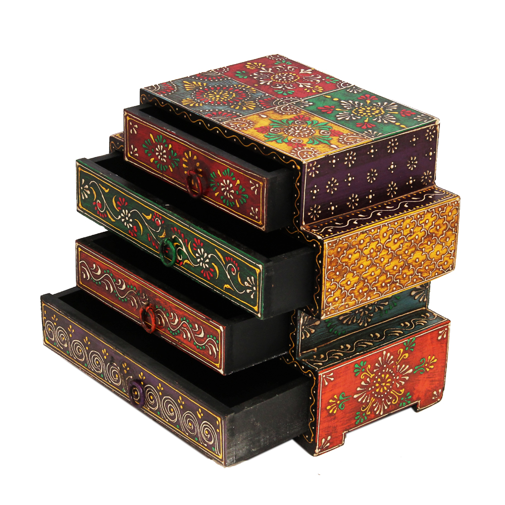 Rajasthani Meenakari Handcrafted Wooden Jewellery box with 5 Drawers