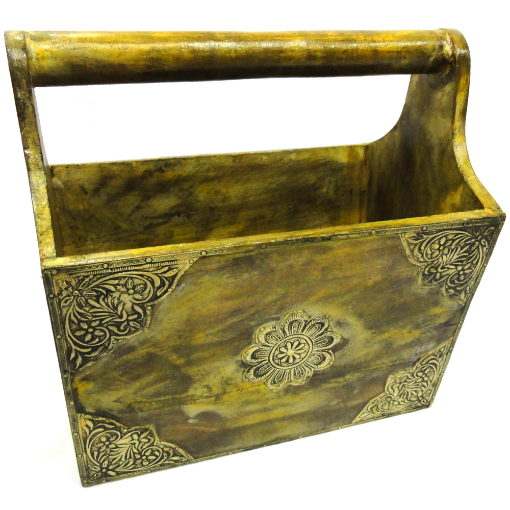 Wooden Handcrafted Magazine Holder with Brass Work Antique Finish - Image 3