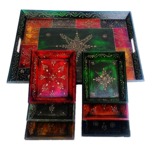 7 Piece Handcrafted Wooden Artwork Serving Tray Set – Rajasthani Traditional Multi-Color Design