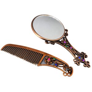 Antique Floral Metal Comb and Mirror Set with Gem Embellishments – Vintage Vanity Gift Set