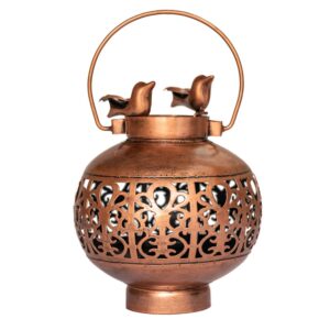 Copper handi-shaped tea-light holder with birds on top and intricate cutwork design