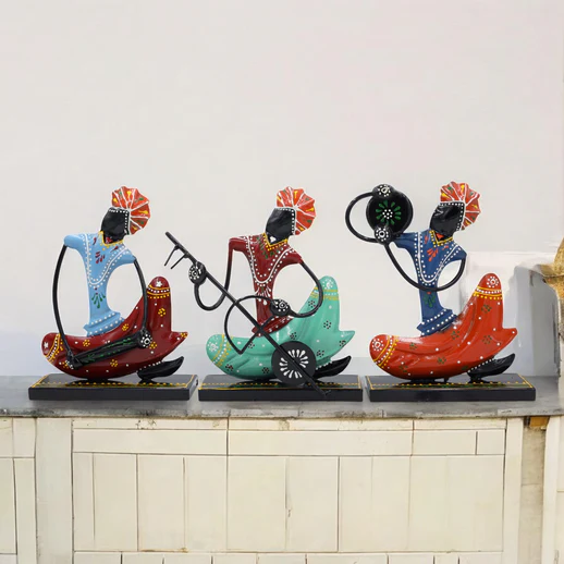 Set of 3 Antique Metal Tribal Musician Rajasthani Folk Art - Image 3