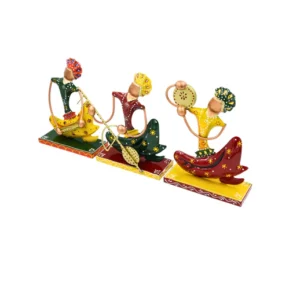 Set of 3 handcrafted antique metal tribal musician dolls playing musical instruments – Rajasthani folk art decor