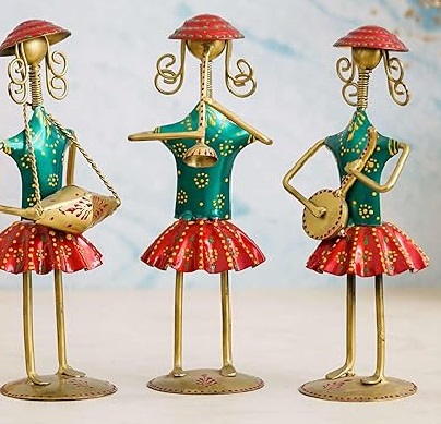 Set of 3 Antique Metal Tribal Musician Dolls Rajasthani Folk Art - Image 2