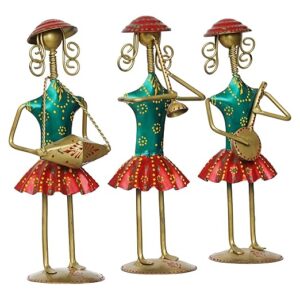 Set of 3 handcrafted antique metal tribal musician dolls playing musical instruments – Rajasthani folk art decor