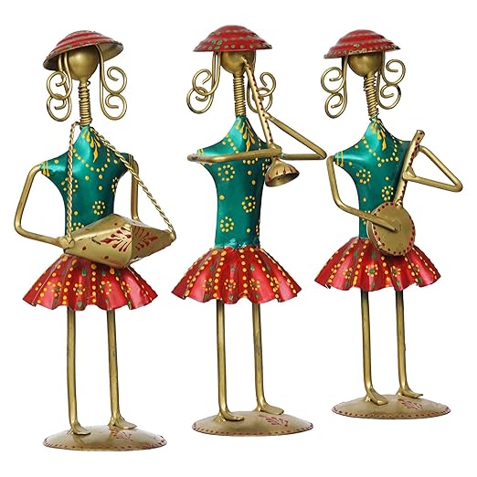 Set of 3 handcrafted antique metal tribal musician dolls playing musical instruments – Rajasthani folk art decor