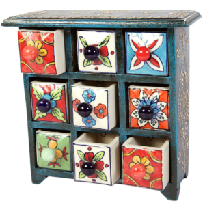 Blue Pottery Wooden Handicraft 9 Drawer Chest for Home Decor – Rajasthani Ceramic Organizer Box