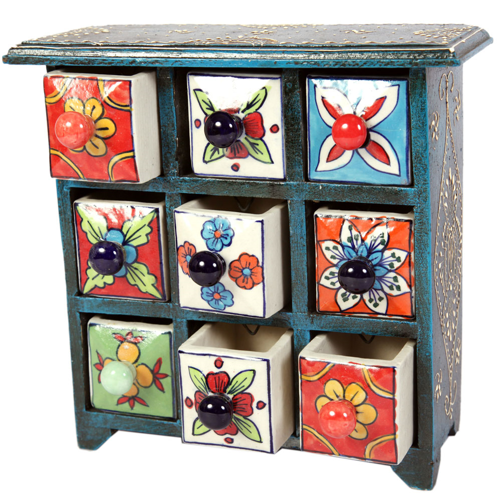 Blue Pottery Wooden Handicraft 9 Drawer Chest for Home Decor – Rajasthani Ceramic Organizer Box