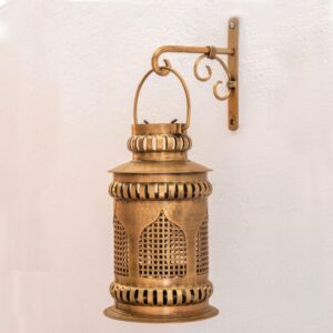 Antique golden iron wall-mounted lantern with decorative bracket