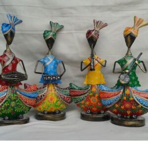 Set of 4 handcrafted antique metal tribal musician dolls playing musical instruments